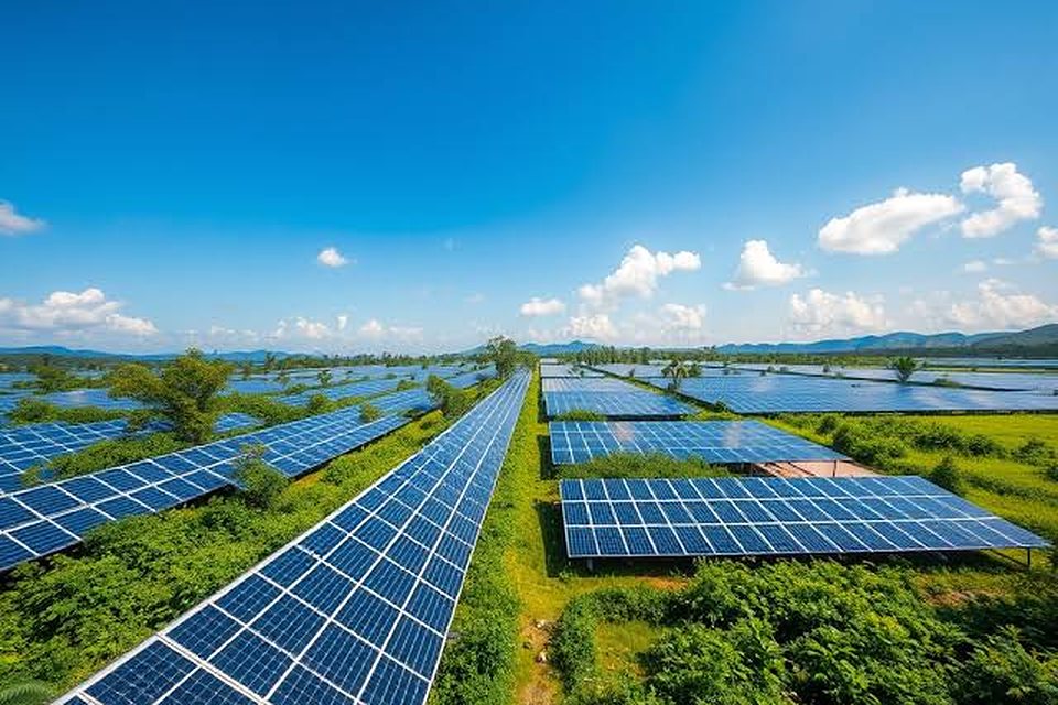 Large solar farm among green fields
