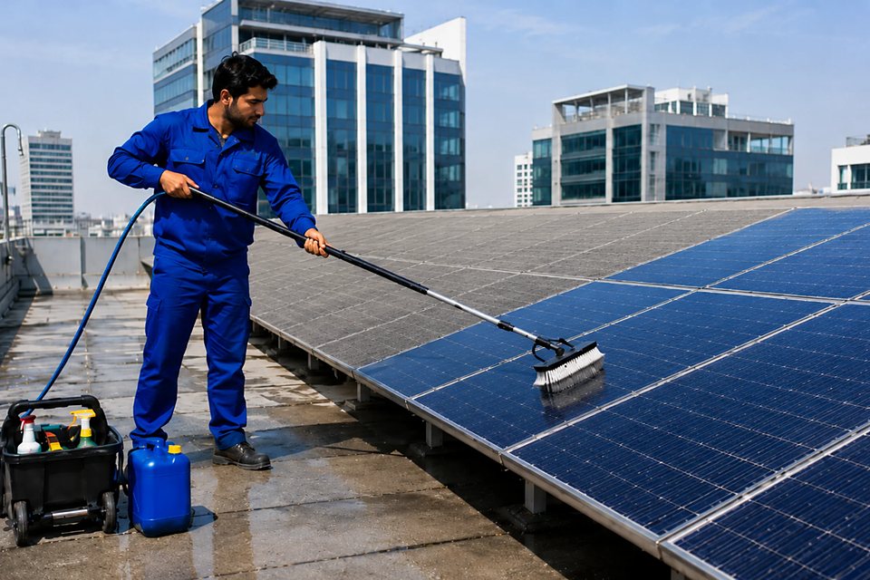 Technician cleaning solar panels on a rooftop