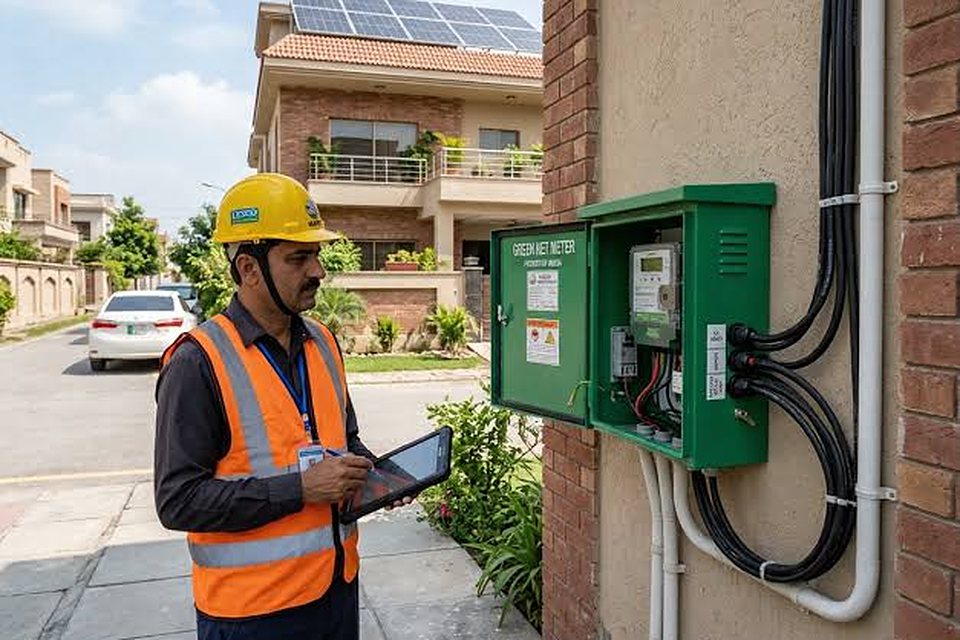 Technician checking a green net meter box