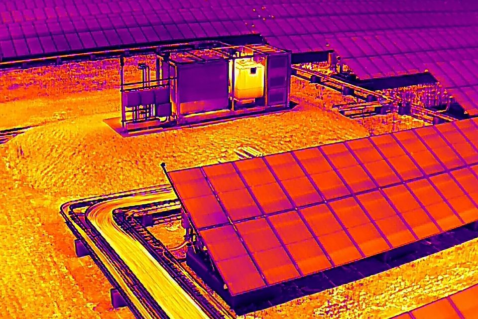 Thermal image of a solar plant showing heat patterns